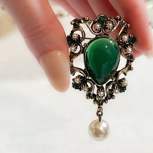 Vintage Victorian Revival Brooch With Green Cabochon And Faux Pearl Dangle